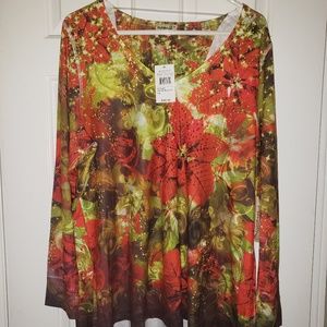 Women's 1X long sleeve poinsettia blouse top shirt